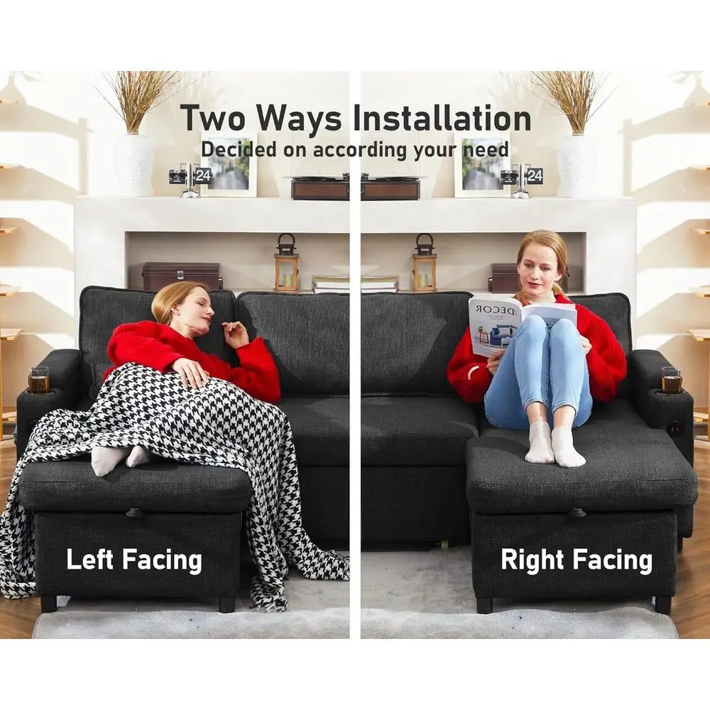 Gray 2-in-1 Sectional Sleeper Sofa with Storage, USB & Cup Holders