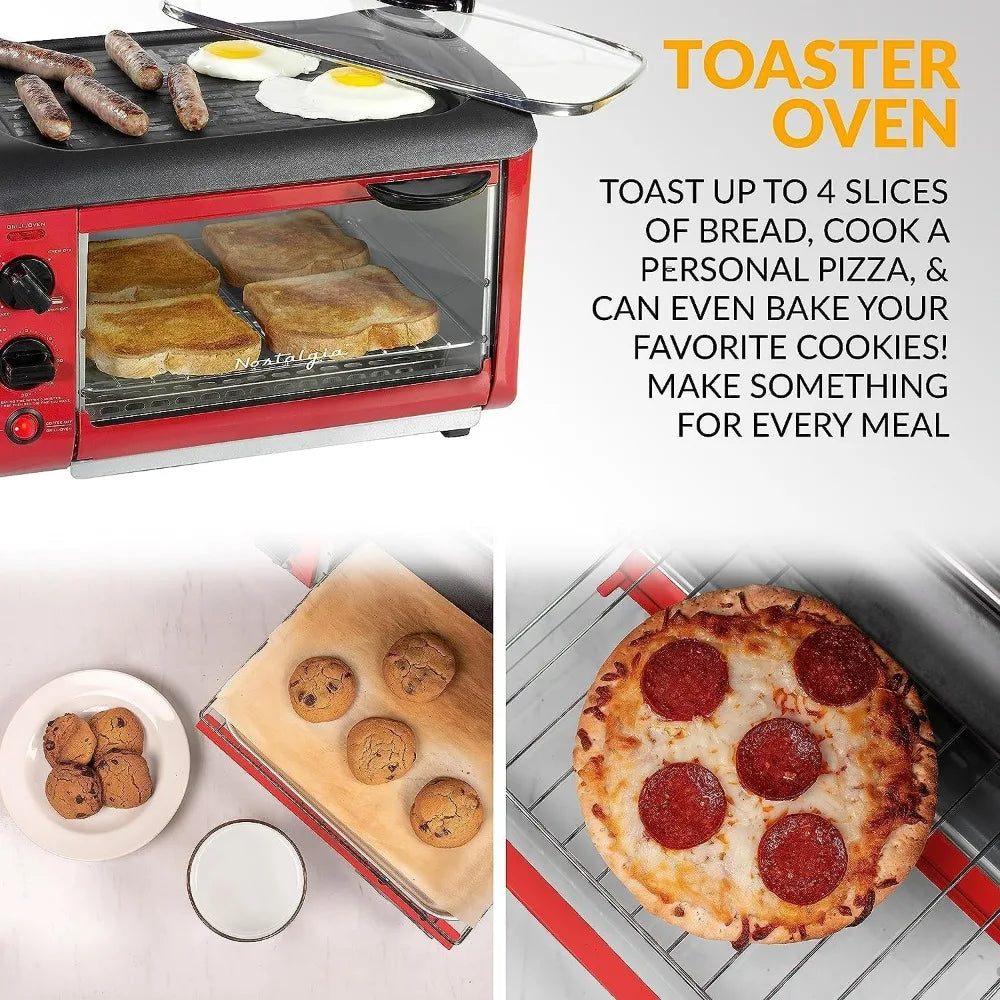 Nostalgia 3-in-1 Breakfast Station Includes Coffee Maker Non-Stick Griddle 4-Slice Toaster Oven Versatile Breakfast Maker Timer
