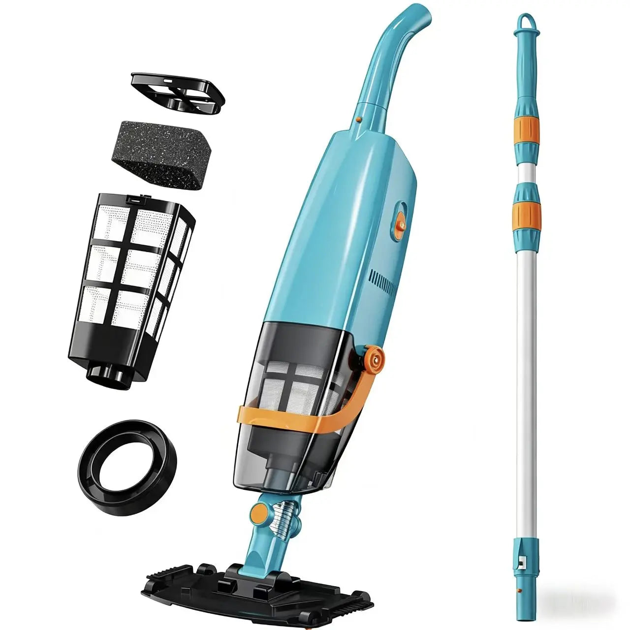Cordless Pool Vacuum Cleaner for above Ground Pools, 30W Powerful Suction, Telescopic Pole, 60 Min Runtime, Rechargeable Handheld Vacuum for Leaves, Sand & Debris Solution Bundle Full Head