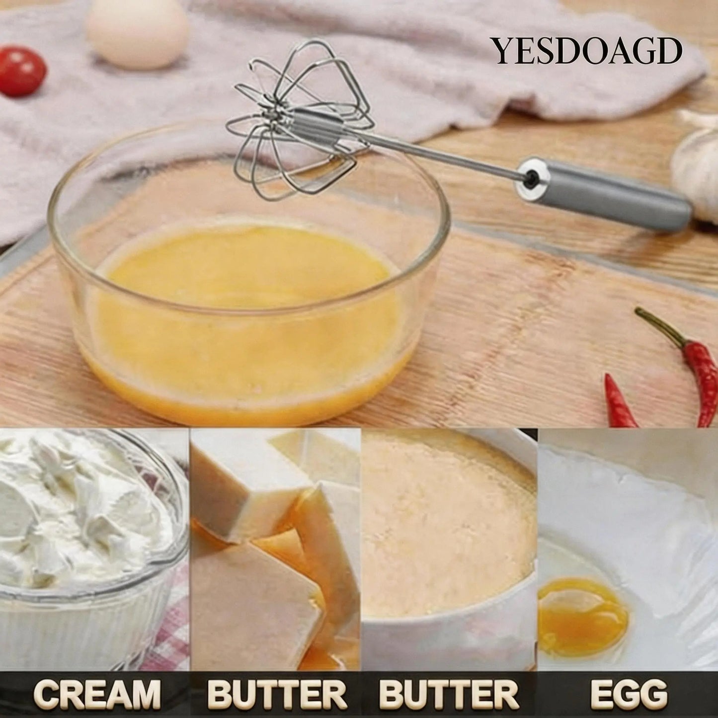 YESDOAGD Stainless Steel Hand-Push Rotary Whisk Food-Grade Rust-Resistant Sturdy Riveted Construction Semi-Automatic Design Versatile for Cooking Blending Whisking Beating and Stirring Tasks Easy to Clean