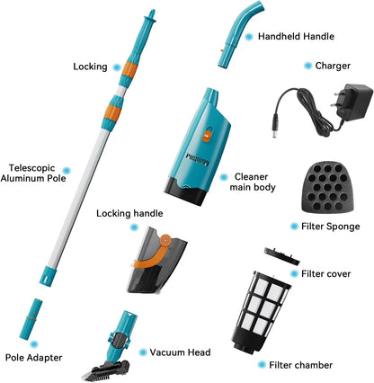 Cordless Pool Vacuum Cleaner for above Ground Pools, 30W Powerful Suction, Telescopic Pole, 60 Min Runtime, Rechargeable Handheld Vacuum for Leaves, Sand & Debris Solution Bundle Full Head