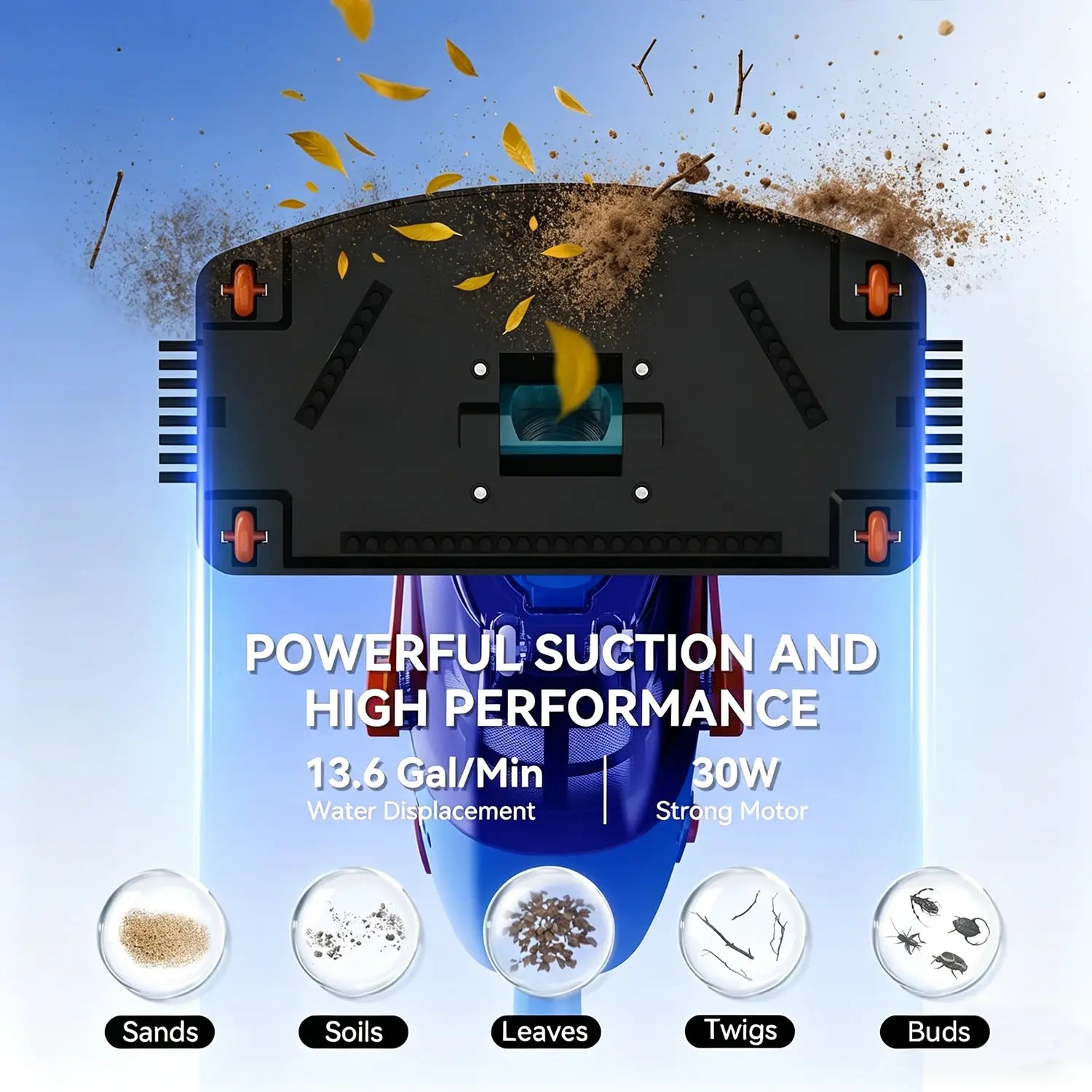 Cordless Pool Vacuum Cleaner for above Ground Pools, 30W Powerful Suction, Telescopic Pole, 60 Min Runtime, Rechargeable Handheld Vacuum for Leaves, Sand & Debris Solution Bundle Full Head