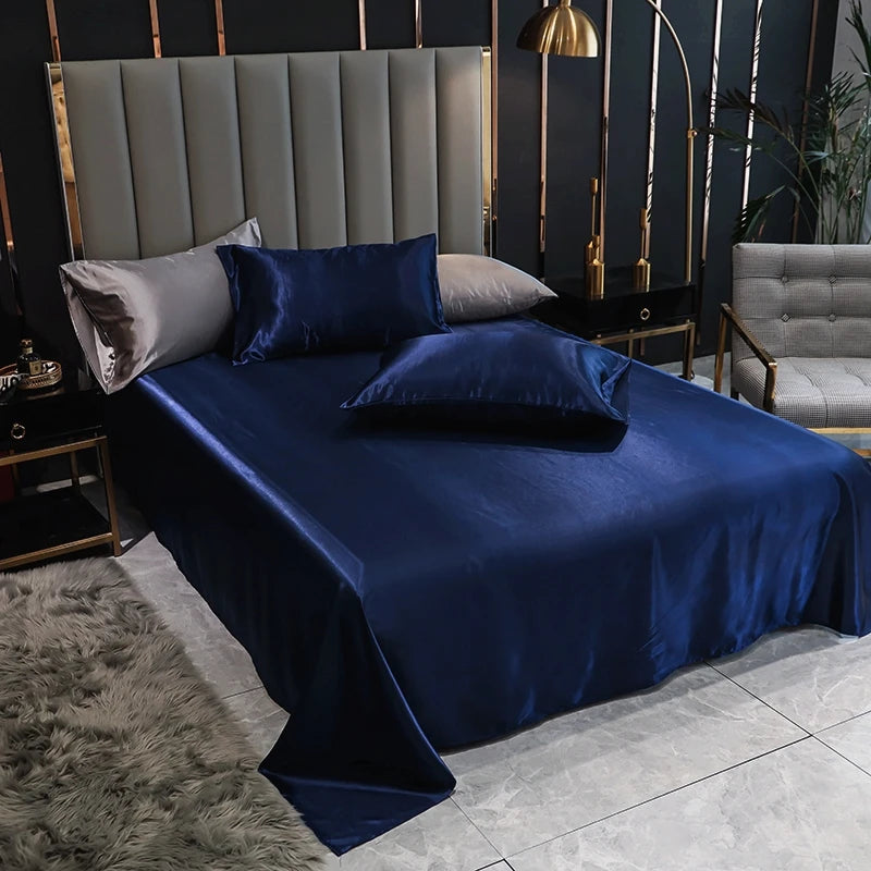 Satin Silk Bed Sheets for Summer - Plain Flat Sheet for Double Bed (Available in Twin, Full, Queen, King Sizes; Pillowcase Sold Separately)