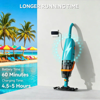 Cordless Pool Vacuum Cleaner for above Ground Pools, 30W Powerful Suction, Telescopic Pole, 60 Min Runtime, Rechargeable Handheld Vacuum for Leaves, Sand & Debris Solution Bundle Full Head