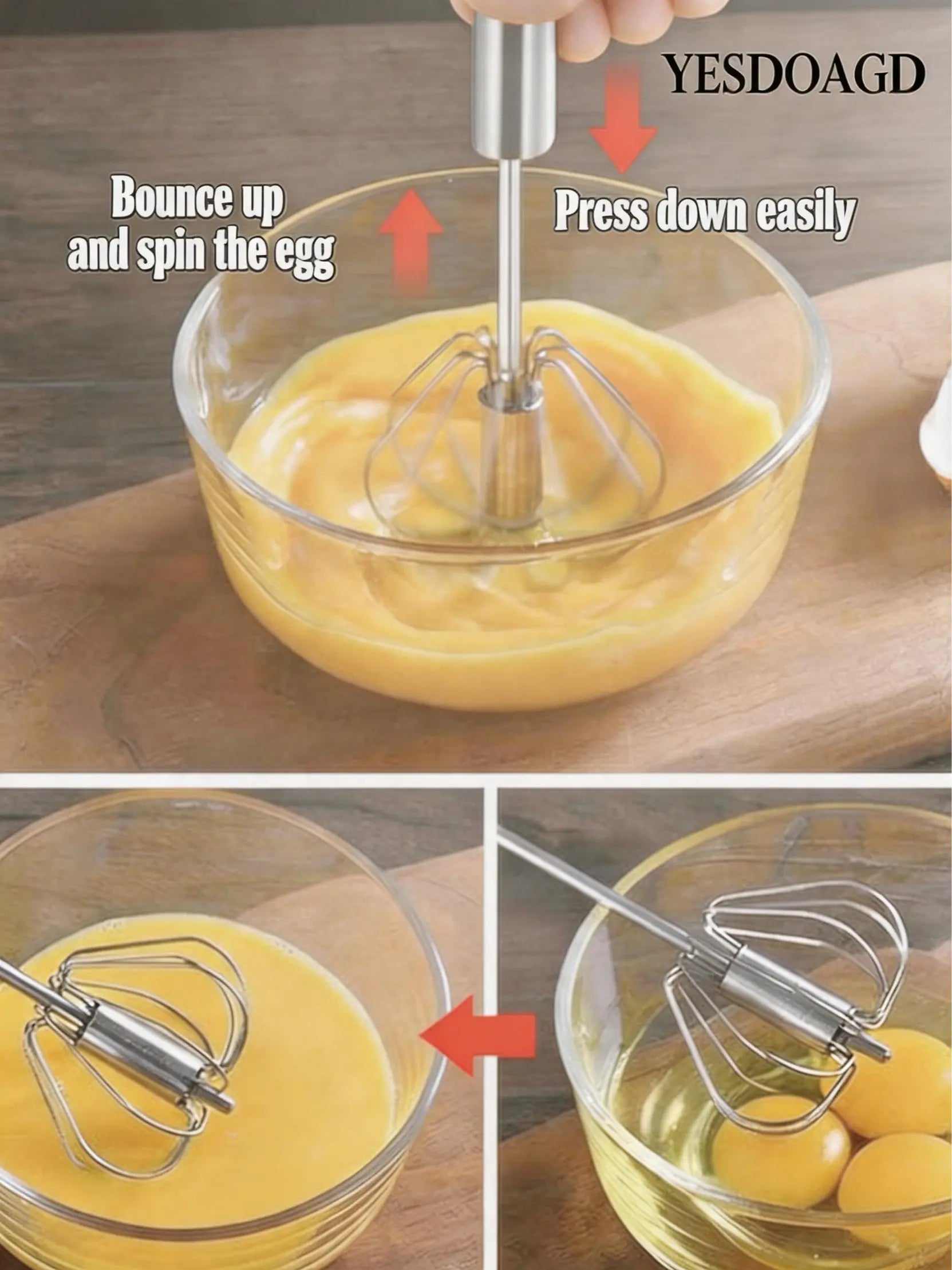 YESDOAGD Stainless Steel Hand-Push Rotary Whisk Food-Grade Rust-Resistant Sturdy Riveted Construction Semi-Automatic Design Versatile for Cooking Blending Whisking Beating and Stirring Tasks Easy to Clean