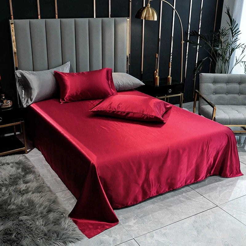 Satin Silk Bed Sheets for Summer - Plain Flat Sheet for Double Bed (Available in Twin, Full, Queen, King Sizes; Pillowcase Sold Separately)