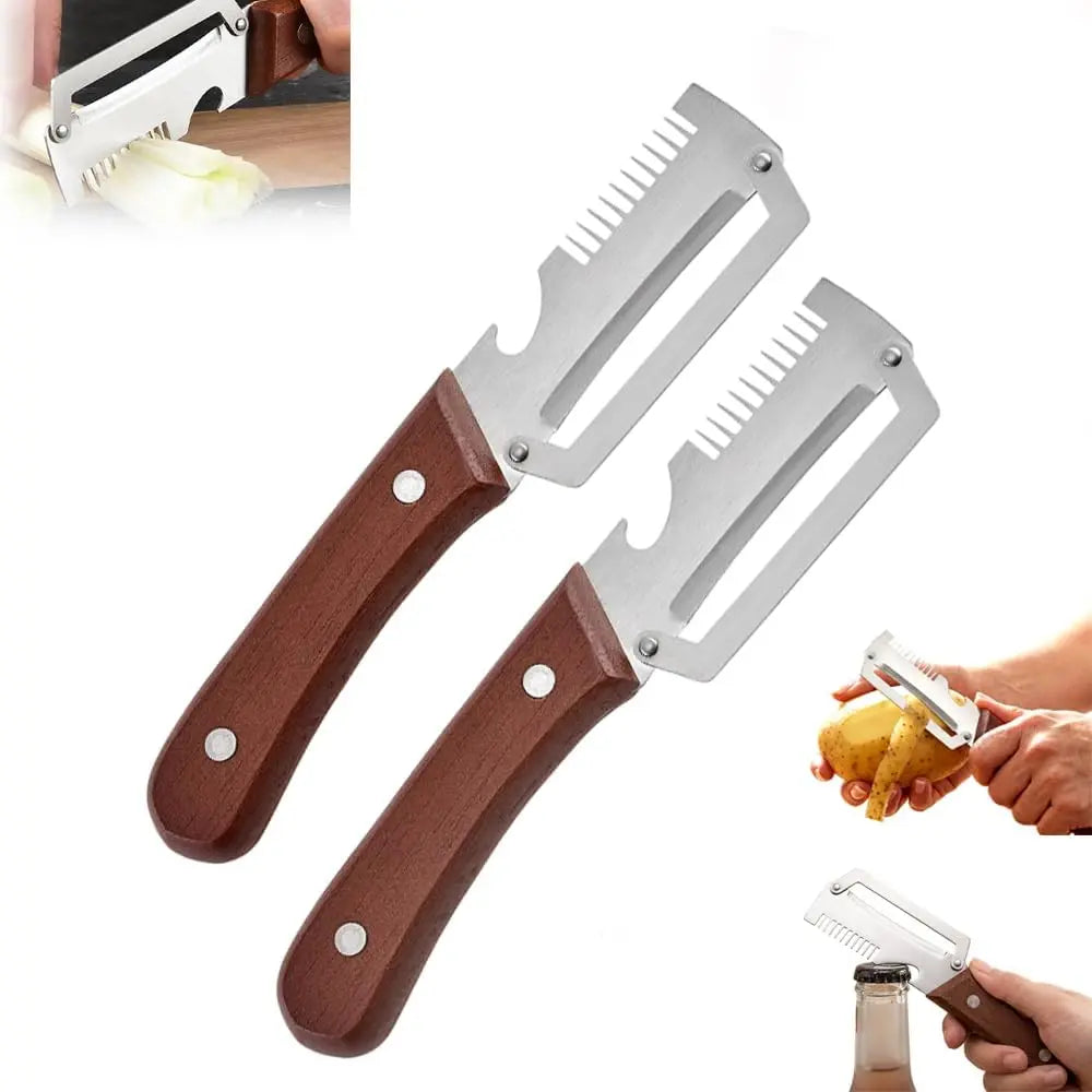 [Summervibes]Multi-Functional Vegetable Peeler for Kitchen, Ultra-Sharp Stainless Steel Blade with Wooden Handle and Bottle Opener, for Vegetables or Fruits That Need to Be Peeled (2 Pcs)