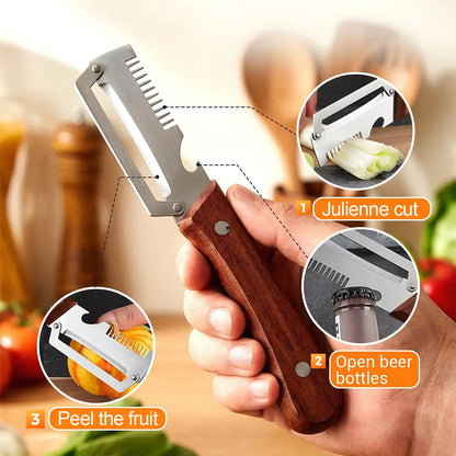 [Summervibes]Multi-Functional Vegetable Peeler for Kitchen, Ultra-Sharp Stainless Steel Blade with Wooden Handle and Bottle Opener, for Vegetables or Fruits That Need to Be Peeled (2 Pcs)