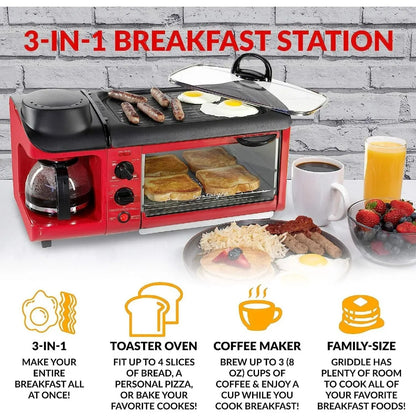 Nostalgia 3-in-1 Breakfast Station Includes Coffee Maker Non-Stick Griddle 4-Slice Toaster Oven Versatile Breakfast Maker Timer