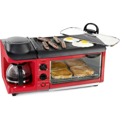 Nostalgia 3-in-1 Breakfast Station Includes Coffee Maker Non-Stick Griddle 4-Slice Toaster Oven Versatile Breakfast Maker Timer