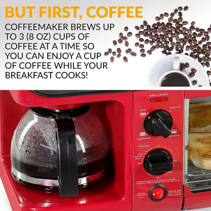 Nostalgia 3-in-1 Breakfast Station Includes Coffee Maker Non-Stick Griddle 4-Slice Toaster Oven Versatile Breakfast Maker Timer