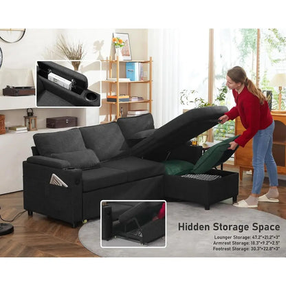 Gray 2-in-1 Sectional Sleeper Sofa with Storage, USB & Cup Holders