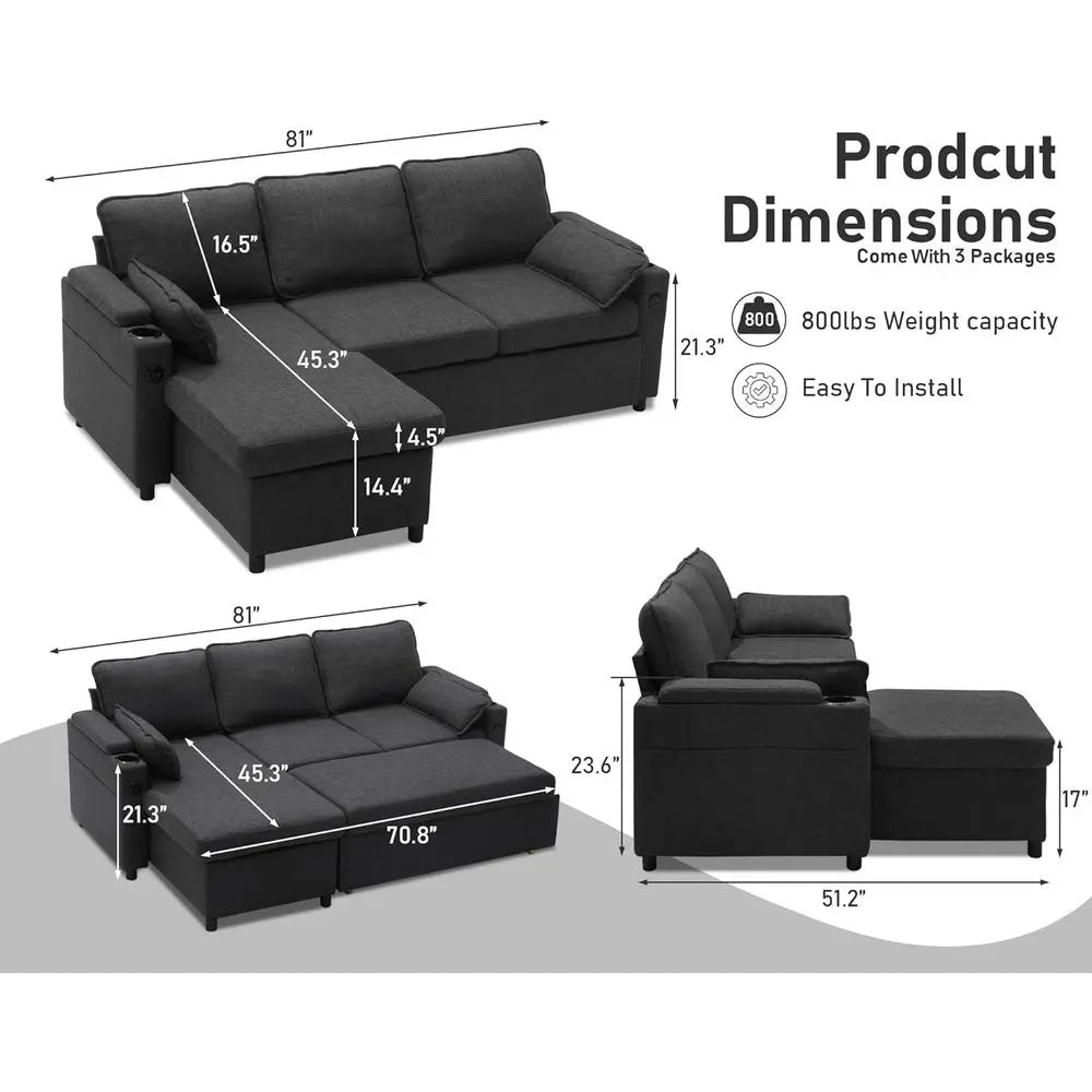 Gray 2-in-1 Sectional Sleeper Sofa with Storage, USB & Cup Holders