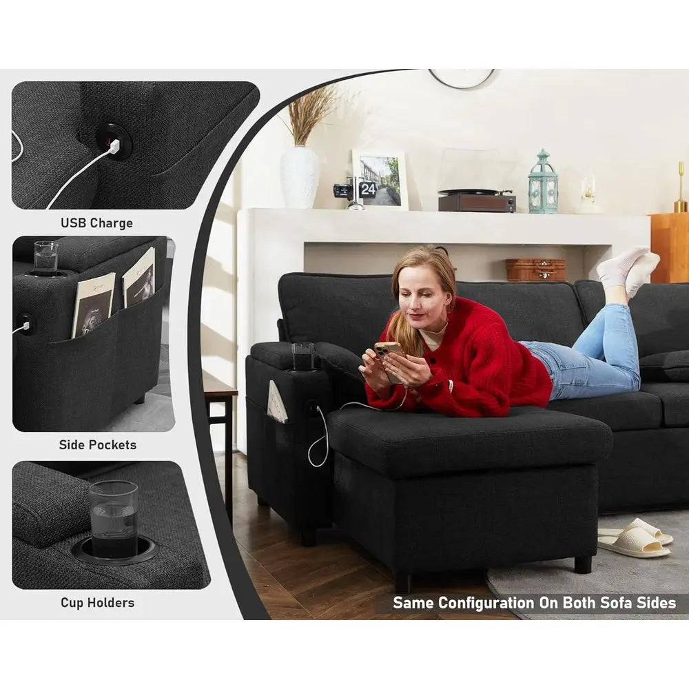 Gray 2-in-1 Sectional Sleeper Sofa with Storage, USB & Cup Holders