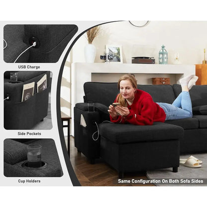 Gray 2-in-1 Sectional Sleeper Sofa with Storage, USB & Cup Holders