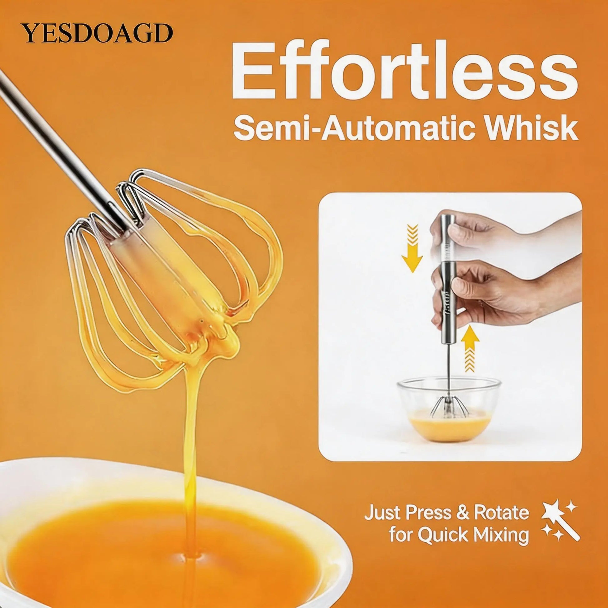 YESDOAGD Stainless Steel Hand-Push Rotary Whisk Food-Grade Rust-Resistant Sturdy Riveted Construction Semi-Automatic Design Versatile for Cooking Blending Whisking Beating and Stirring Tasks Easy to Clean