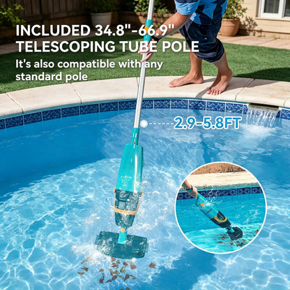 Cordless Pool Vacuum Cleaner for above Ground Pools, 30W Powerful Suction, Telescopic Pole, 60 Min Runtime, Rechargeable Handheld Vacuum for Leaves, Sand & Debris Solution Bundle Full Head