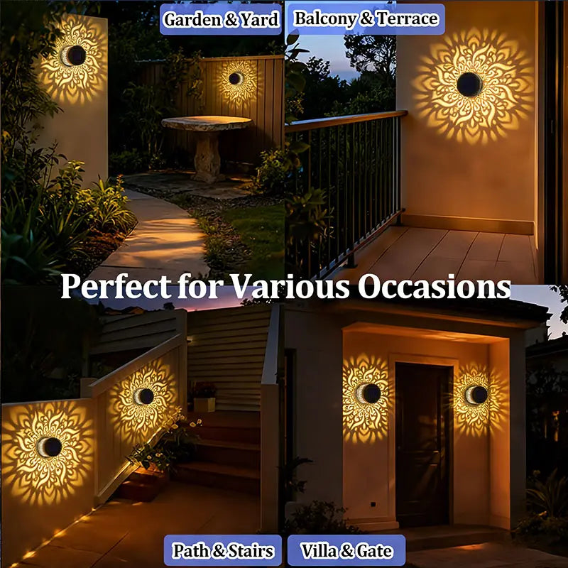 Solar Outdoor Light IP65 Waterproof Auto On/Off Metal Frame Mandala Cut-Out Retro Modern Design Decorative Atmosphere for Garden Balcony Villa Fence Porch