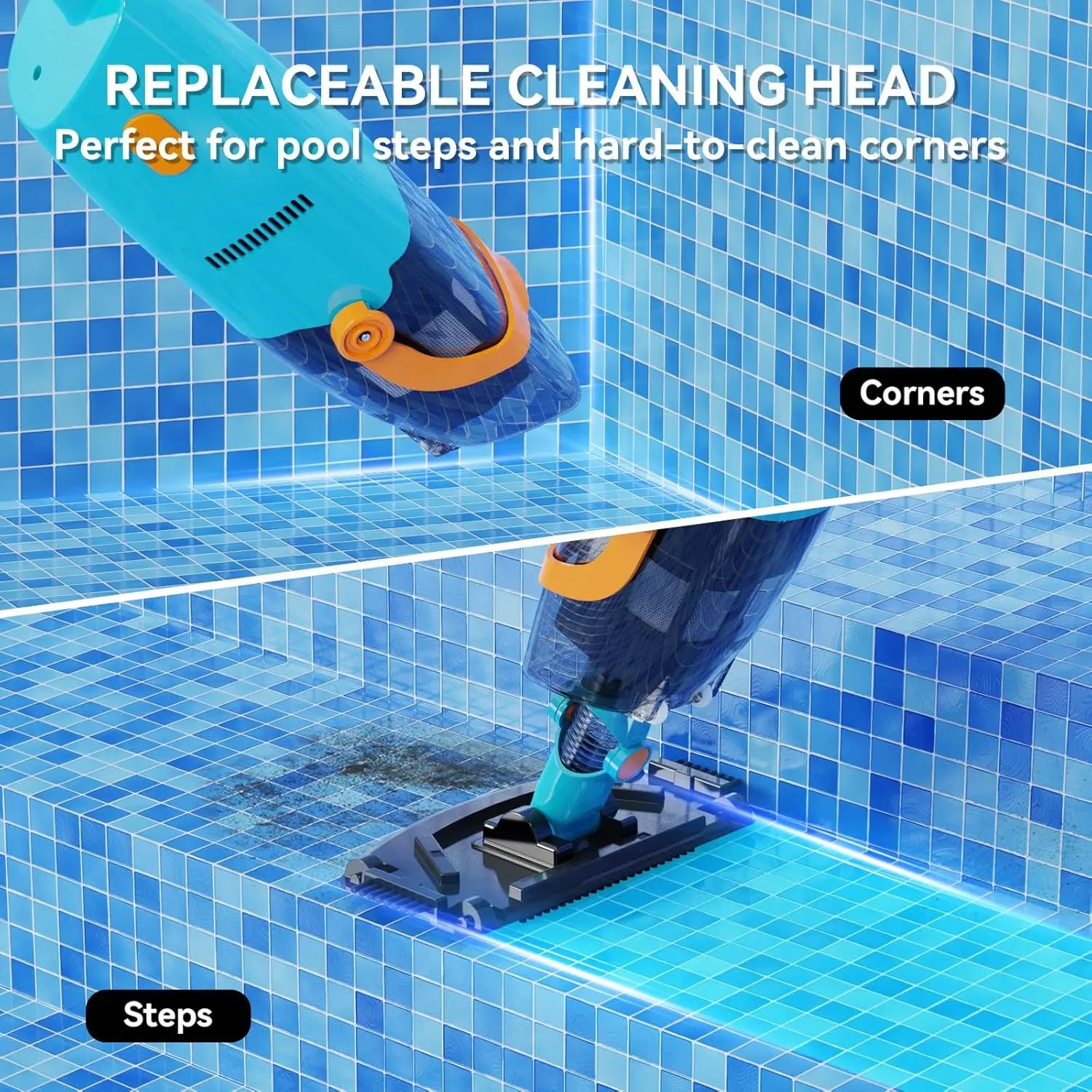 Cordless Pool Vacuum Cleaner for above Ground Pools, 30W Powerful Suction, Telescopic Pole, 60 Min Runtime, Rechargeable Handheld Vacuum for Leaves, Sand & Debris Solution Bundle Full Head