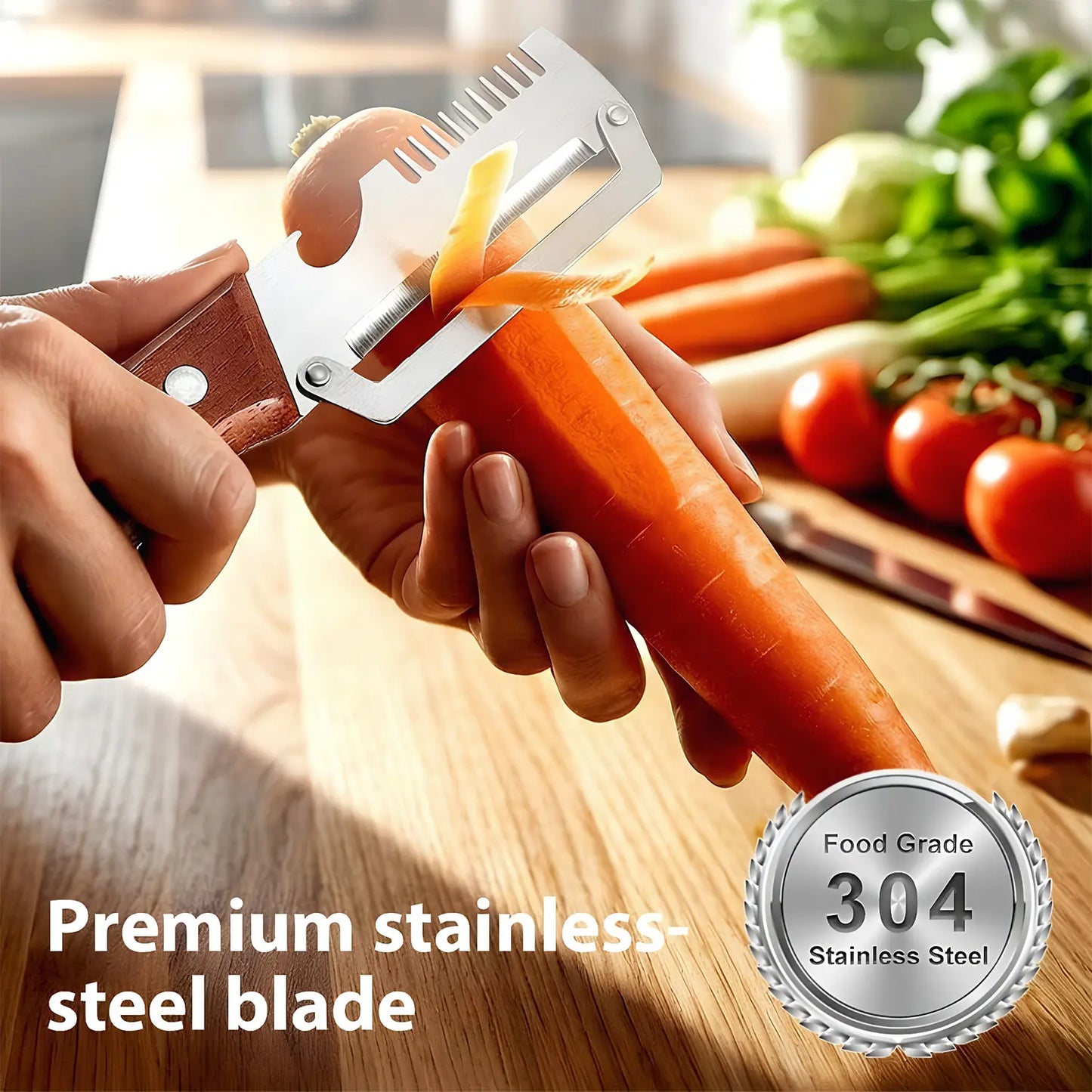 [Summervibes]Multi-Functional Vegetable Peeler for Kitchen, Ultra-Sharp Stainless Steel Blade with Wooden Handle and Bottle Opener, for Vegetables or Fruits That Need to Be Peeled (2 Pcs)