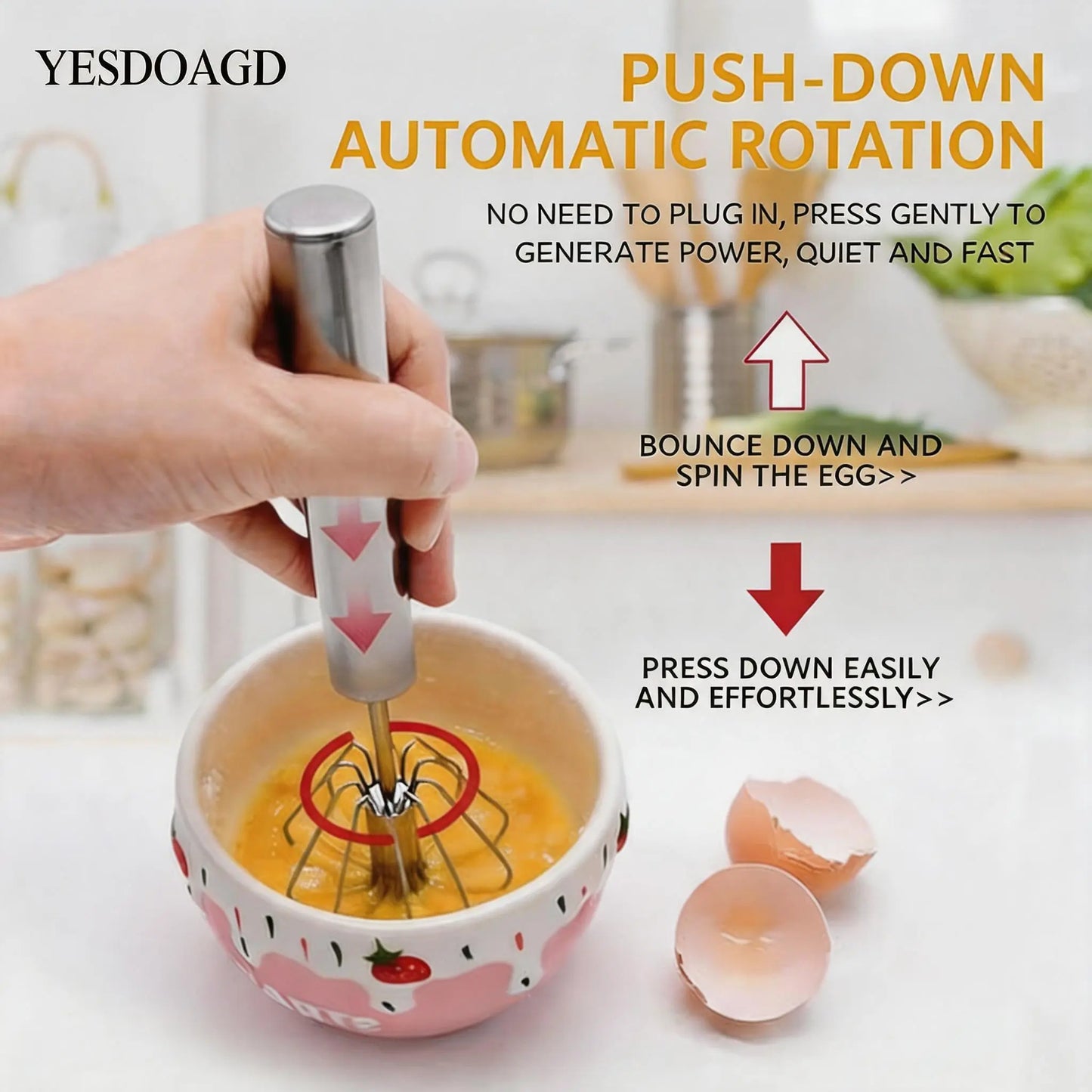 YESDOAGD Stainless Steel Hand-Push Rotary Whisk Food-Grade Rust-Resistant Sturdy Riveted Construction Semi-Automatic Design Versatile for Cooking Blending Whisking Beating and Stirring Tasks Easy to Clean