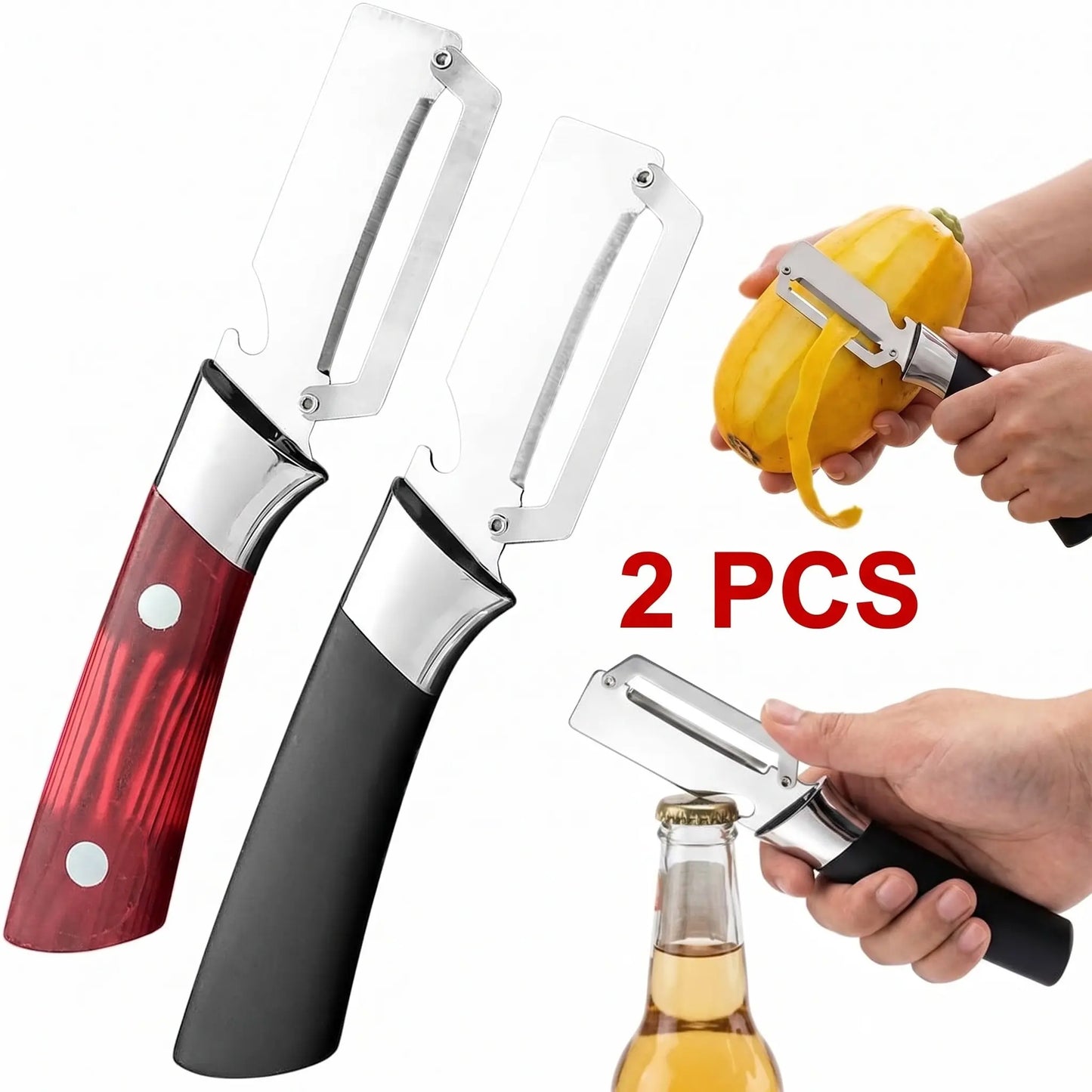 [Summervibes]Multi-Functional Vegetable Peeler for Kitchen, Ultra-Sharp Stainless Steel Blade with Wooden Handle and Bottle Opener, for Vegetables or Fruits That Need to Be Peeled (2 Pcs)
